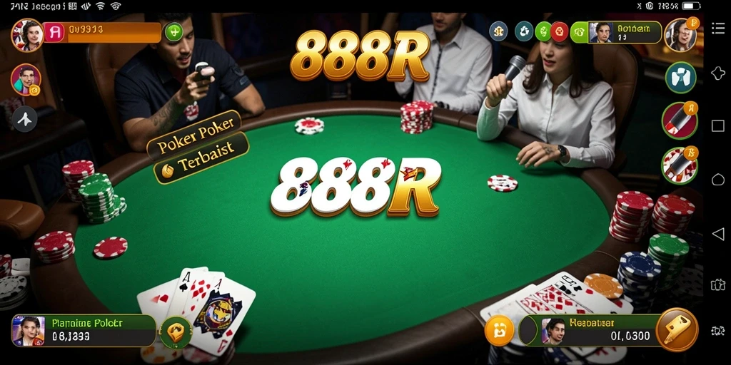 Tampilan antarmuka utama 888R dengan aksi Poker seru.