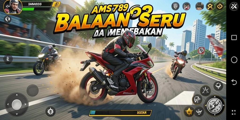 Screeshot utama AMS789 menampilkan aksi balapan motor yang mendebarkan.