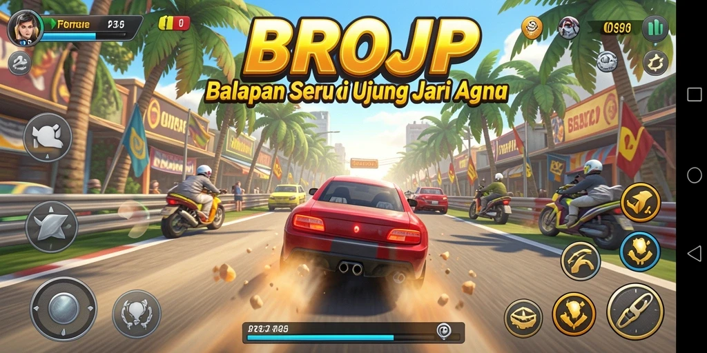 Tampilan seru dari gameplay Racing BROJP di lintasan balap.