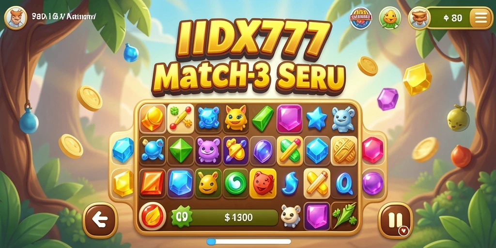 Tampilan gameplay seru dari IDX777 match-3 yang penuh warna.