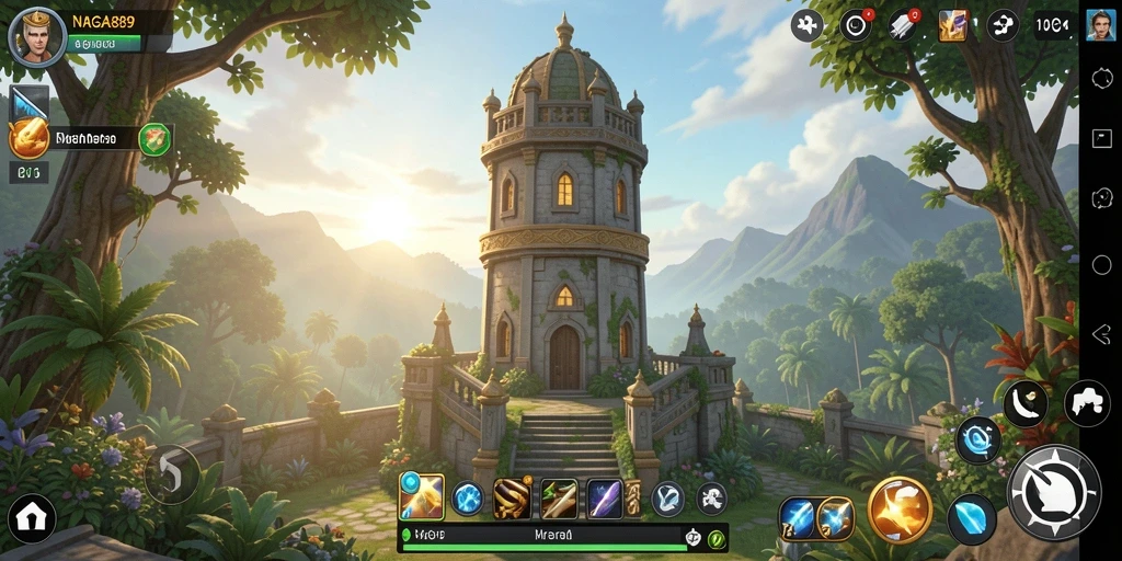 Tampilan gameplay NAGA889 dengan menara dan musuh yang menantang.