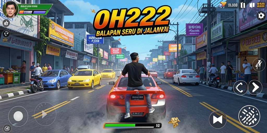 Screenshot gameplay OH222 yang menunjukkan aksi balapan menegangkan.